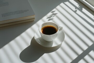 Poster - A warm cup of coffee sits on a white table beside an open book with sunlight casting shadows