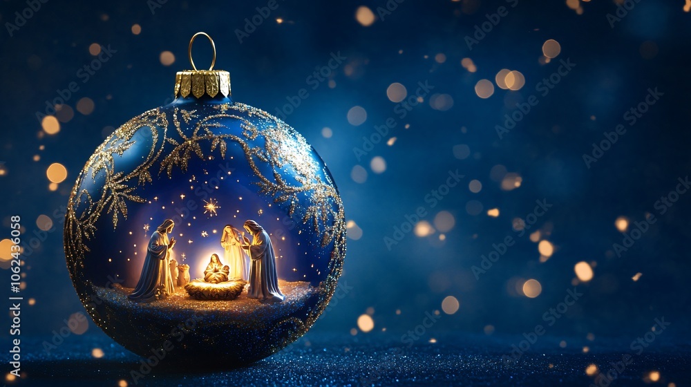 An ornate glass Christmas ball with a miniature nativity scene painted ...