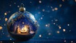 © fivan - An ornate glass Christmas ball with a miniature nativity scene painted inside, softly glowing against a midnight blue background