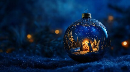 Wall Mural - An ornate glass Christmas ball with a miniature nativity scene painted inside, softly glowing against a midnight blue background