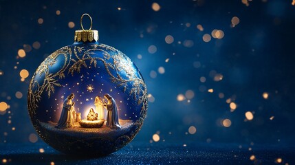 An ornate glass Christmas ball with a miniature nativity scene painted inside, softly glowing against a midnight blue background