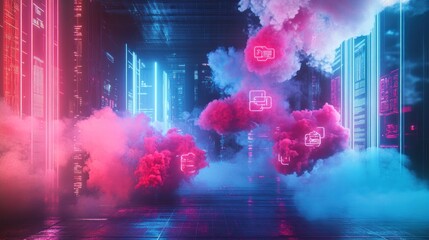 Neon glow and smoke with server room in the background, with neon symbols of cloud storage.