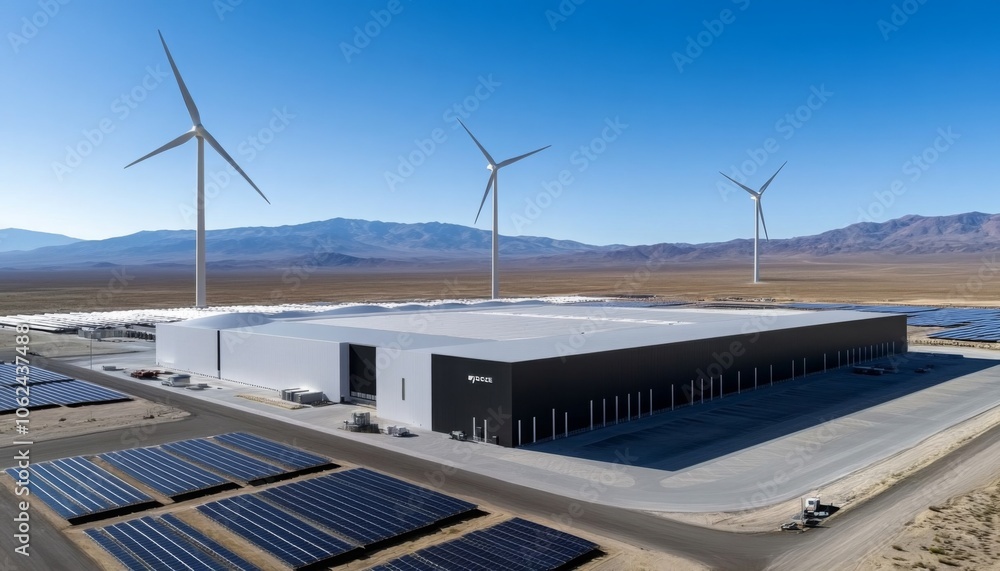 Aerial view of a modern data center with solar panels, and several wind ...