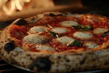 Fresh pizza on black board held by hands, melted cheese, herbs, close-up of vibrant toppings