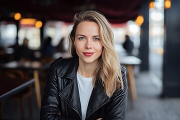 Portrait of a beautiful young woman with long blond hair in a black leather jacket standing in a cafe.