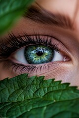  A close up of a woman's green eye with long eyelashes