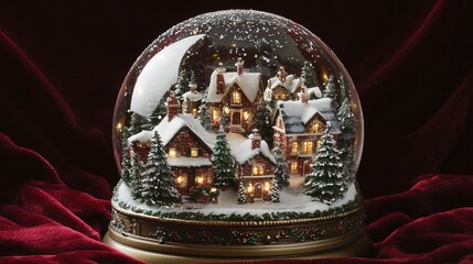 A dazzling snow globe with a Christmas village inside, snow gently falling over small lit houses, set on a rich red velvet background