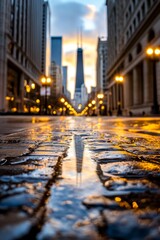 Poster - A puddle of water on a city street with a city skyline in the background