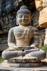 A stone buddha statue sitting on top of a rock