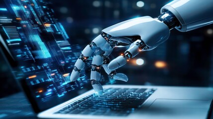 A robot hand is shown working on a laptop to check correct data using a RPA function software program. The program assists in detecting and synchronizing the business concept with a system to support