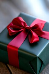 A green gift box with a red ribbon tied around it