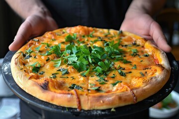 Fresh pizza on black board held by hands, melted cheese, herbs, close-up of vibrant toppings