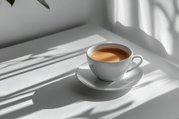 Poster - A tranquil cup of coffee rests on a white table in sunlight with soft shadows casting around