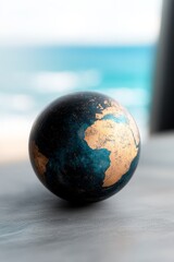 A black and gold globe sitting on top of a table