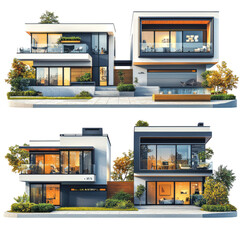 Wall Mural - set of modern house isolated on transparent background, png elements collection.