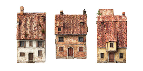 Wall Mural - set of old house isolated on transparent background, png elements collection.