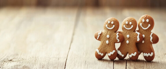 Three charming gingerbread cookies, with icing detailing, stand together on a rustic wooden table, creating a festive and joyful atmosphere with their smiles.