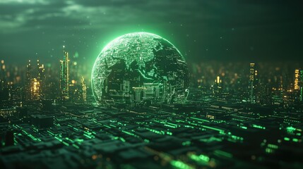 Wall Mural - A glowing green globe hovers above a futuristic city skyline, signifying global interconnectedness and technological advancement.