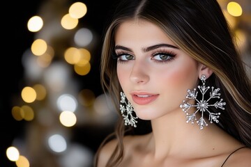 Wall Mural - Elegant woman with snowflake earrings and festive bokeh lights