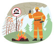 © Hanna Syvak - Firefighter Stands Beside A Fire Hazard Warning Sign In A Forest, Emphasizing The Importance Of Fire Prevention