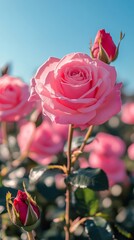 Wall Mural - Delicate pink roses blooming against a soft blue background during a serene spring day