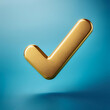 © SaddhaVisual - A shiny gold tick mark, often symbolizing confirmation or correct choice floating or flying isolated on light blue background