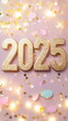 © SappiStudio - Shimmering gold 2025 on a light blush pink background with pastel-colored confetti and soft bokeh lights, perfect for a celebratory New Year's banner. Vertical social media banner