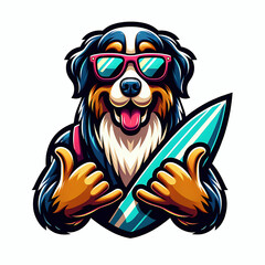 Happy bernese mountain dog wearing sunglasses and holding a surfboard doing shaka signs cartoon vector illustration