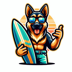 German shepherd dog holding a surfboard wearing sunglasses and a shaka sign vector illustration, surfing dog cartoon element