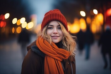 Wall Mural - Portrait of a beautiful young woman in a red hat and scarf at night