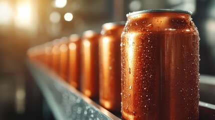 A series of copper-colored beverage cans sits neatly aligned along a production line, with condensation visible under warm sunlight, representing industrial organization.