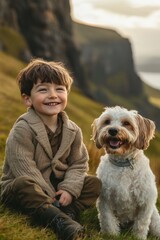 Joyful boy with dog amidst scotland s coastal beauty  fields, cliffs, and charming architecture