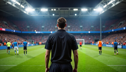 Athlete observing football match in illuminated stadium