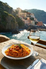 Wall Mural - Delightful pasta paired with white wine on rustic table amidst southern italy s coastal beauty