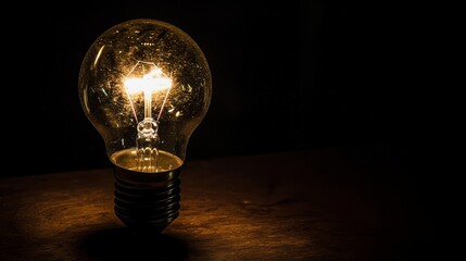 A single light bulb glows brightly against a dark background, casting a warm, inviting light.