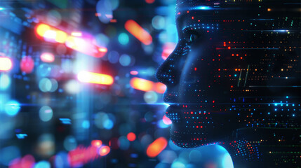 Canvas Print - futuristic silhouette with colorful digital lights.