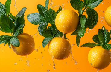 Fresh oranges with mint leaves and water splashes on orange background.