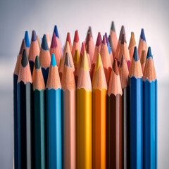 Multicolored pencil diversity, variety and uniqueness. Palette of colored crayons for artist inspiration. Colorful group of rainbow coloring pencils Back to school for drawing in the classroom.