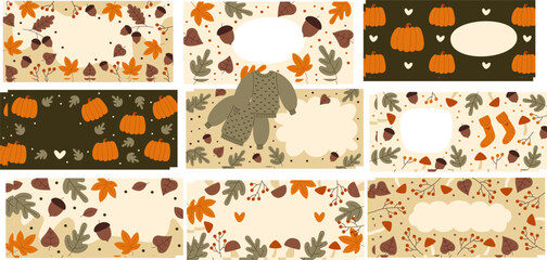 autumn header banners cute natural backgrounds decorated by leaves, berries, pumpkin, warm clothing