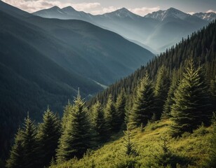  Majestic mountains tower over a serene spruce forest beneath a dramatic sky, showcasing nature beauty at dusk. Towering mountains with rolling hills and moody sky highlighting peaceful wilderness. AI
