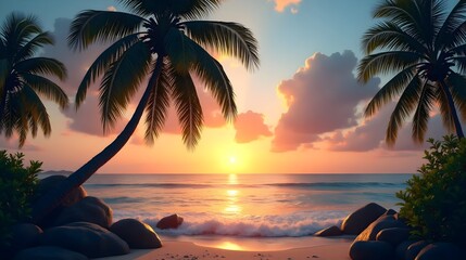 Tropical sea sunset tree sky view background