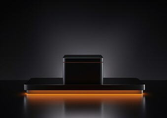 A black box with an orange light on a black platform