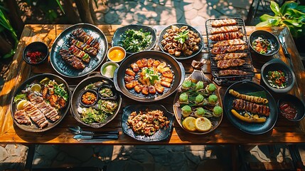 outdoor table filled with an array of grilled dishes.