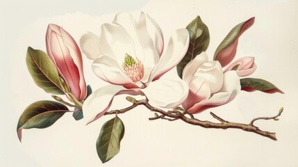 Wall Mural - Magnolia blossoms, floral illustration on a soft beige background, showcasing pale pink and white flowers with green leaves, emphasizing natural beauty and elegance