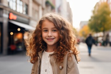 Beautiful little girl with curly hair on the street of the city