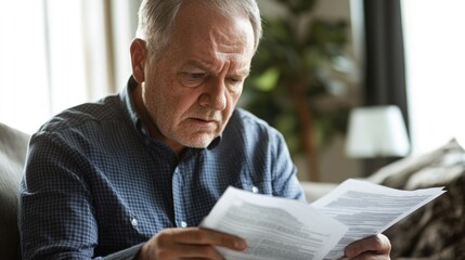 Hyperrealistic photo of a senior man looking at paperwork with a deeply concerned expression. Sitting on a sofa in bright natural light, the high-end magazine-styled photograph is captured with 32k