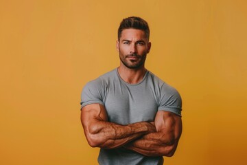 Wall Mural - muscular man with a calm, focused expression, solid color background representing the balance of phy