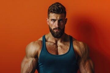 Wall Mural - muscular man with a calm, determined expression, solid color backdrop ideal for gym flyers that high