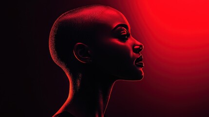 Wall Mural - African-American woman with shaved head in profile in red light on black background. Generative AI.