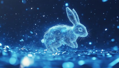 A Wireframe Rabbit Hopping on a Blue Glittering Surface